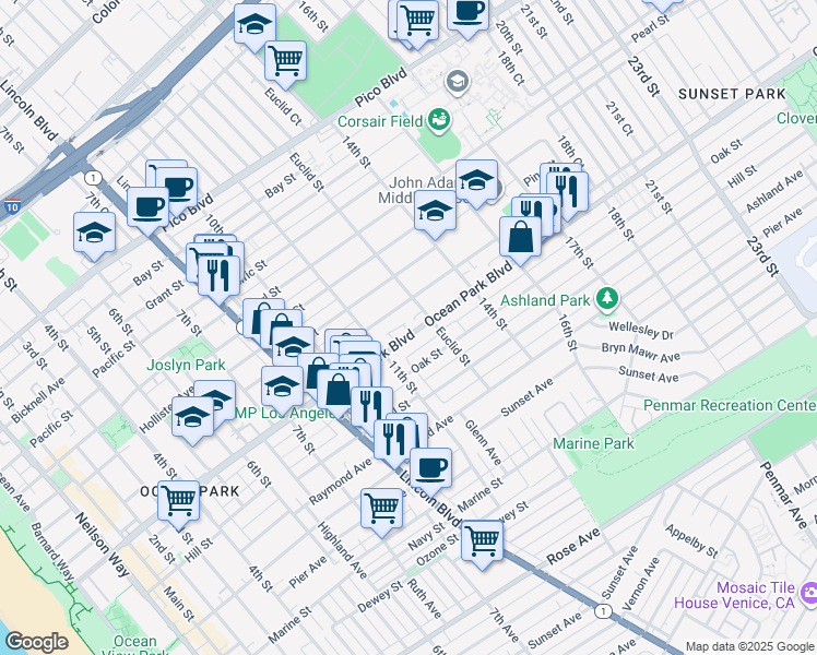 map of restaurants, bars, coffee shops, grocery stores, and more near 1207 Ocean Park Boulevard in Santa Monica