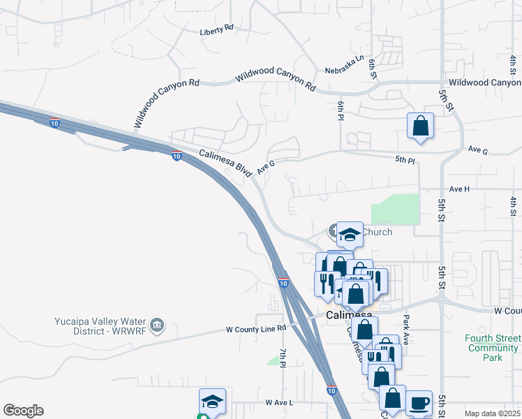 map of restaurants, bars, coffee shops, grocery stores, and more near Calimesa Boulevard in Oak Glen
