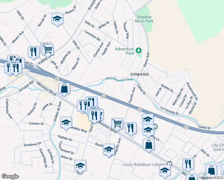 map of restaurants, bars, coffee shops, grocery stores, and more near 3449 Mecosta Court in Jurupa Valley