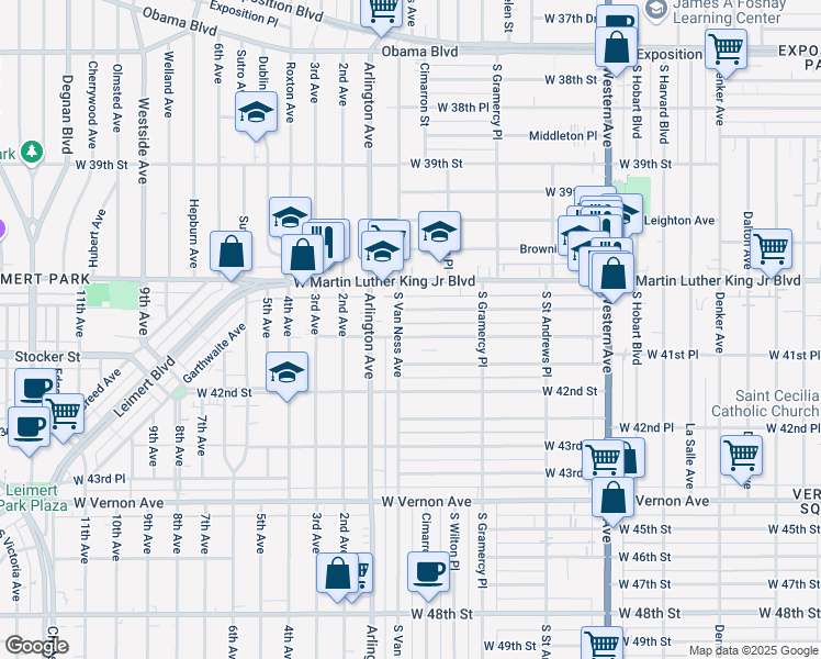 map of restaurants, bars, coffee shops, grocery stores, and more near 2042 West 41st Street in Los Angeles