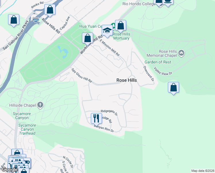 map of restaurants, bars, coffee shops, grocery stores, and more near 10626 Spy Glass Hill Road in Whittier