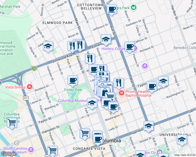 map of restaurants, bars, coffee shops, grocery stores, and more near Main St & Laurel St in Columbia