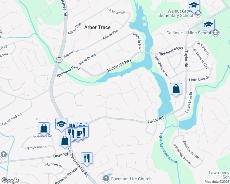 map of restaurants, bars, coffee shops, grocery stores, and more near 345 Deerwood Drive in Suwanee