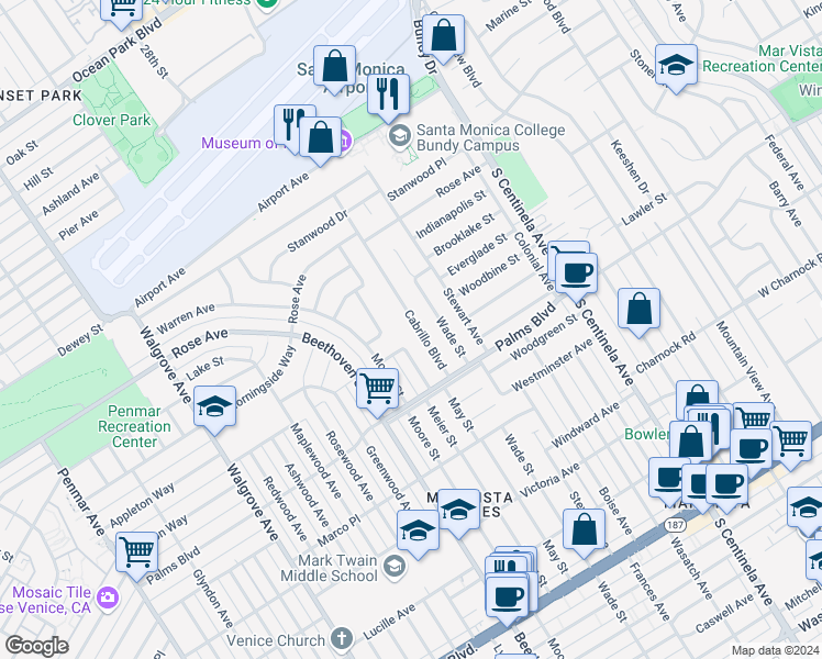 map of restaurants, bars, coffee shops, grocery stores, and more near 3435 Cabrillo Boulevard in Los Angeles