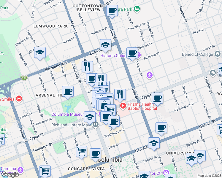 map of restaurants, bars, coffee shops, grocery stores, and more near 1720 Sumter Street in Columbia