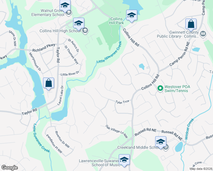 map of restaurants, bars, coffee shops, grocery stores, and more near 2001 Stone Forest Drive in Lawrenceville