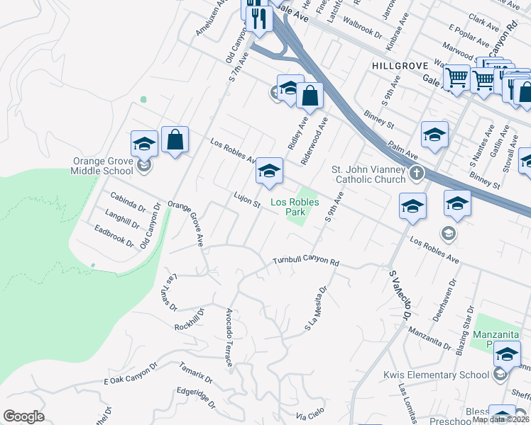 map of restaurants, bars, coffee shops, grocery stores, and more near 1601 Ridley Avenue in Hacienda Heights