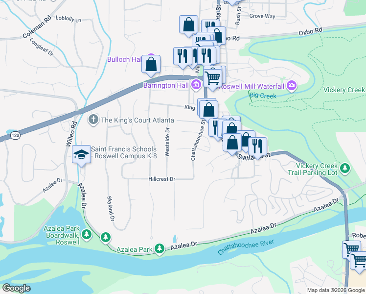 map of restaurants, bars, coffee shops, grocery stores, and more near 396 Chattahoochee Street in Roswell