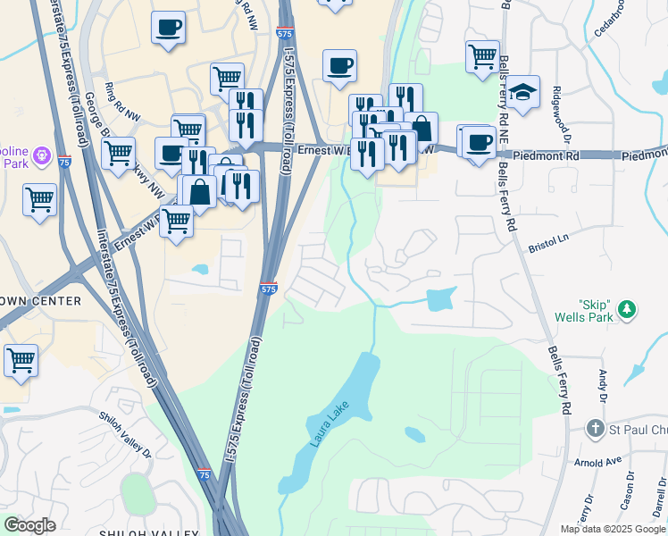 map of restaurants, bars, coffee shops, grocery stores, and more near 219 Cavendar Way in Marietta