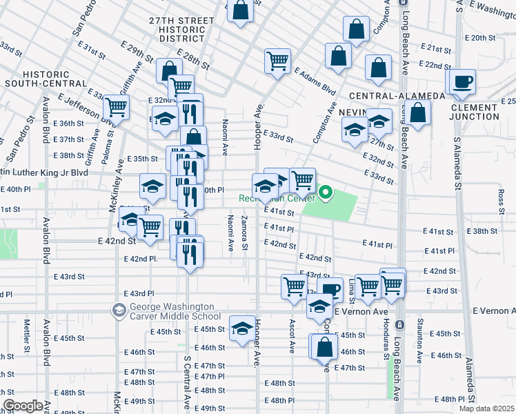 map of restaurants, bars, coffee shops, grocery stores, and more near 1285 East 41st Street in Los Angeles