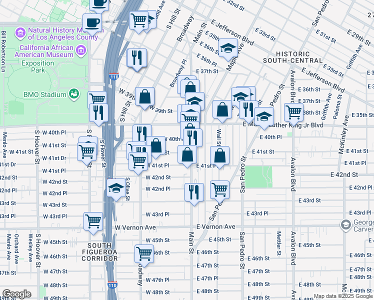 map of restaurants, bars, coffee shops, grocery stores, and more near 137 West 41st Street in Los Angeles