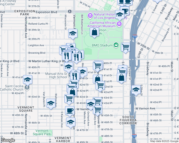 map of restaurants, bars, coffee shops, grocery stores, and more near 831 West 41st Street in Los Angeles