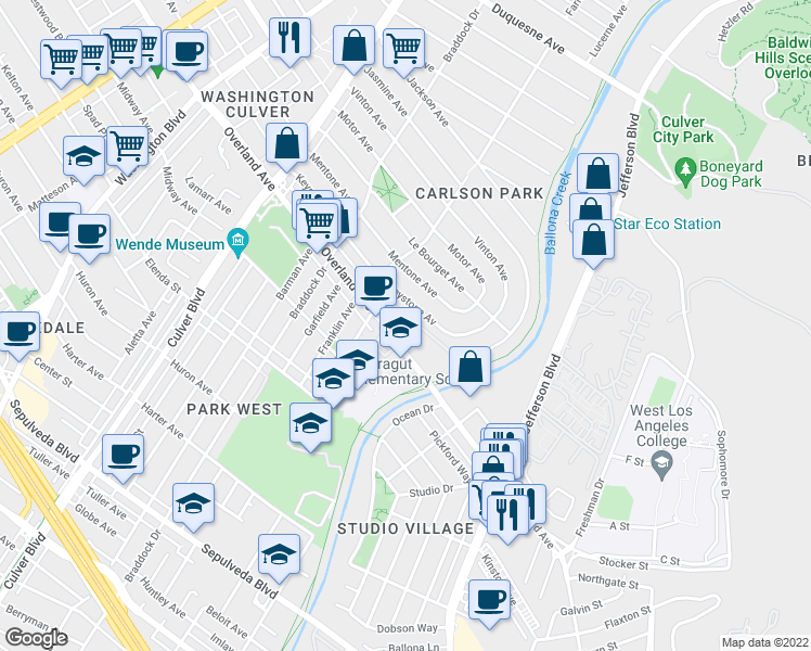 map of restaurants, bars, coffee shops, grocery stores, and more near 4464 Overland Avenue in Culver City