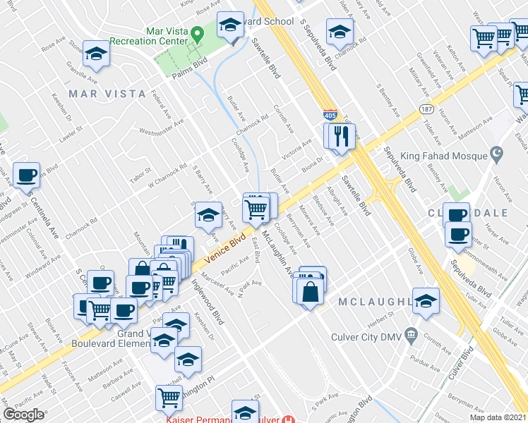 map of restaurants, bars, coffee shops, grocery stores, and more near 3752 McLaughlin Avenue in Los Angeles
