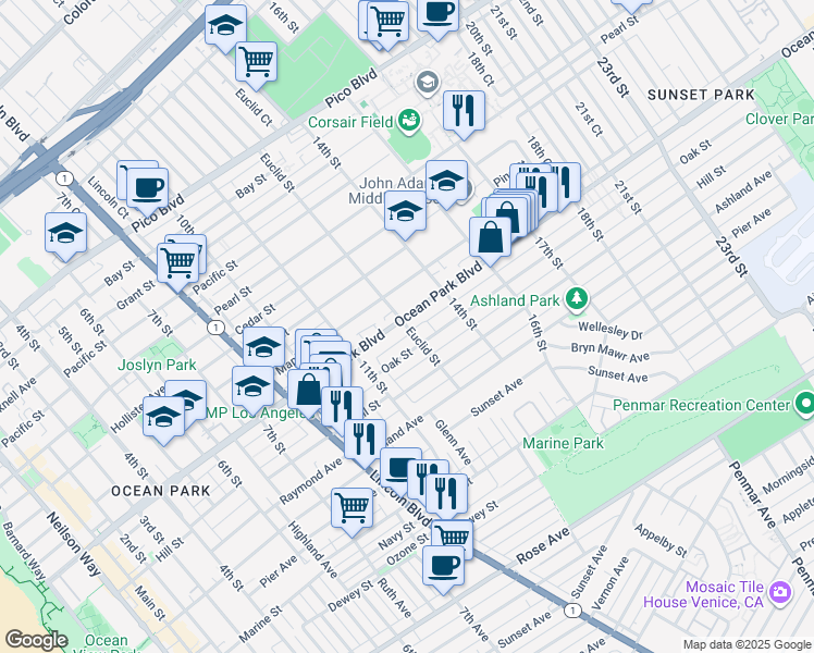 map of restaurants, bars, coffee shops, grocery stores, and more near 1302 Ocean Park Boulevard in Santa Monica