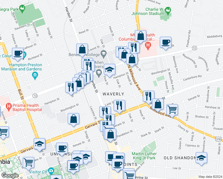 map of restaurants, bars, coffee shops, grocery stores, and more near 2219 Washington Street in Columbia