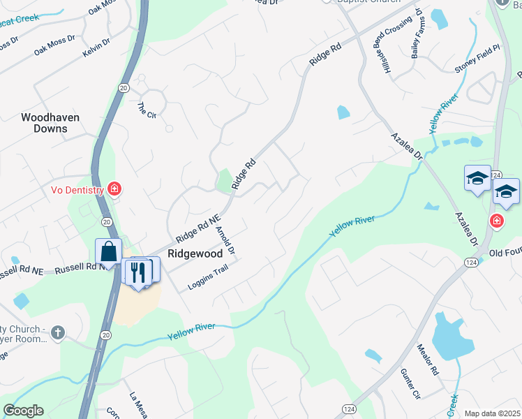 map of restaurants, bars, coffee shops, grocery stores, and more near 912 Park Hollow Way Northeast in Lawrenceville