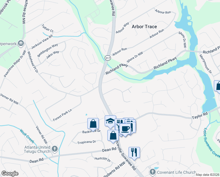 map of restaurants, bars, coffee shops, grocery stores, and more near 497 Lee Miller Drive in Suwanee