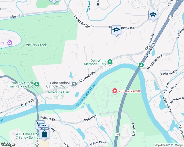 map of restaurants, bars, coffee shops, grocery stores, and more near 710 Riverside Road in Roswell