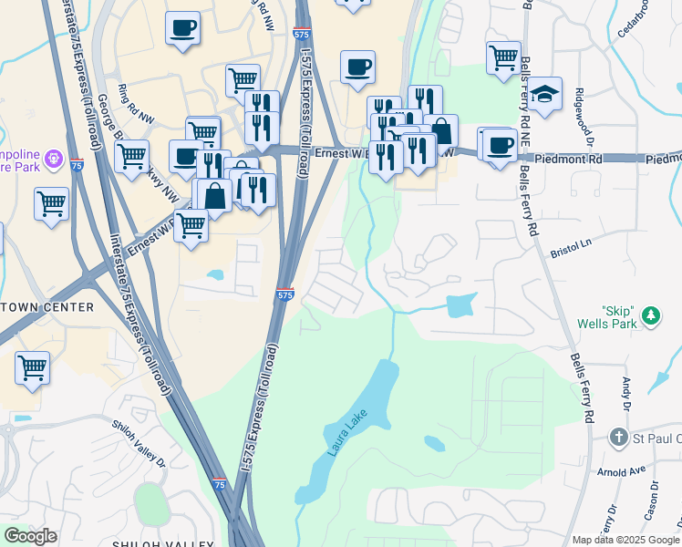 map of restaurants, bars, coffee shops, grocery stores, and more near 130 Flatwood Trail in Marietta