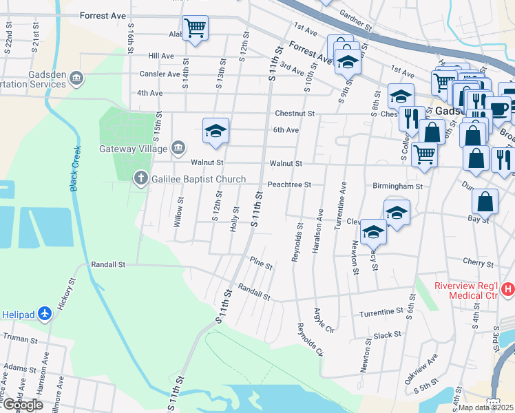 map of restaurants, bars, coffee shops, grocery stores, and more near 922 South 11th Street in Gadsden
