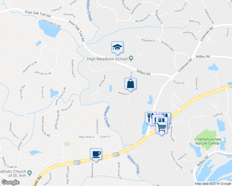 map of restaurants, bars, coffee shops, grocery stores, and more near 3040 Bloxley Court in Roswell