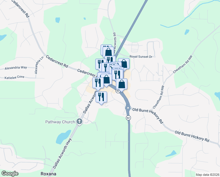 map of restaurants, bars, coffee shops, grocery stores, and more near 8595 Hiram Acworth Highway in Dallas