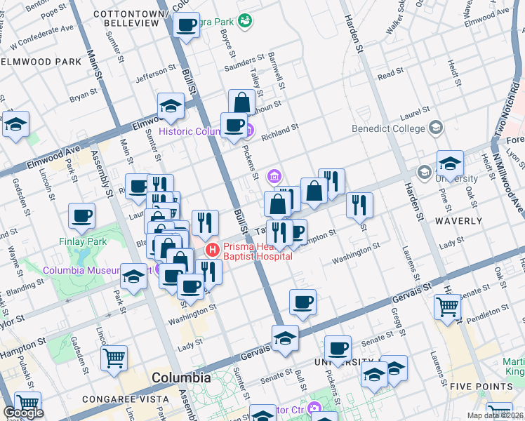 map of restaurants, bars, coffee shops, grocery stores, and more near 1621 Pickens Street in Columbia