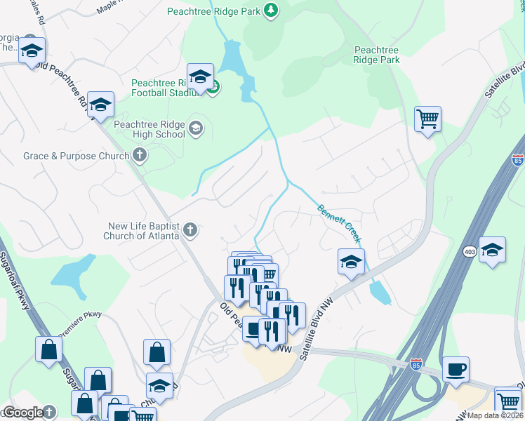 map of restaurants, bars, coffee shops, grocery stores, and more near 1580 Saint Julian Street Northwest in Suwanee