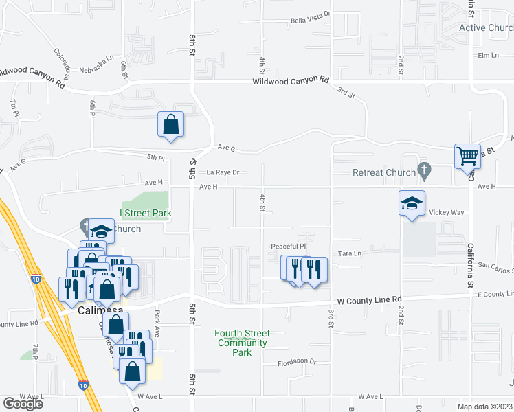 map of restaurants, bars, coffee shops, grocery stores, and more near 13456 4th Street in Yucaipa