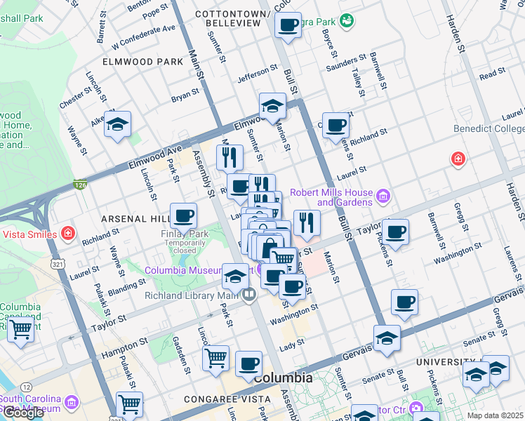 map of restaurants, bars, coffee shops, grocery stores, and more near in Columbia