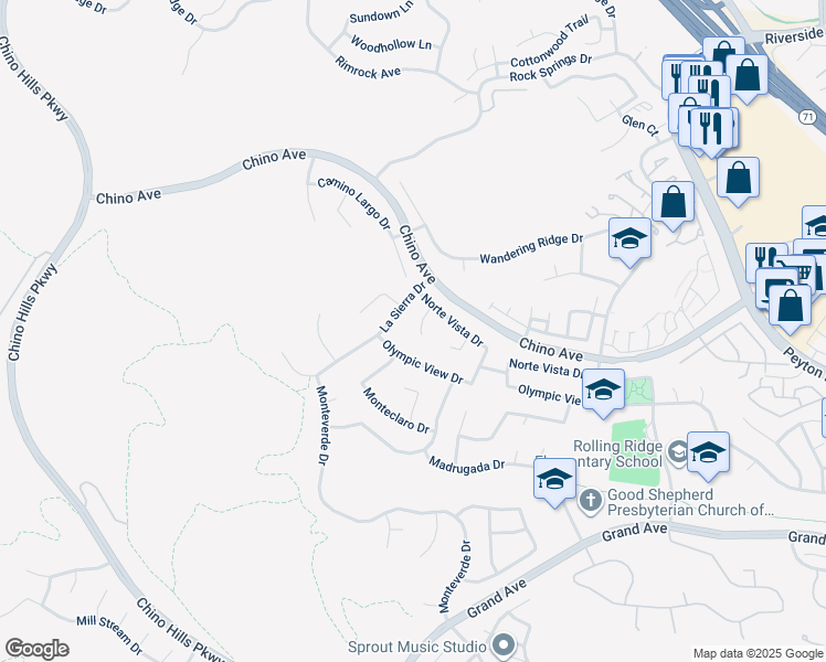 map of restaurants, bars, coffee shops, grocery stores, and more near 13470 Palamos Place in Chino Hills