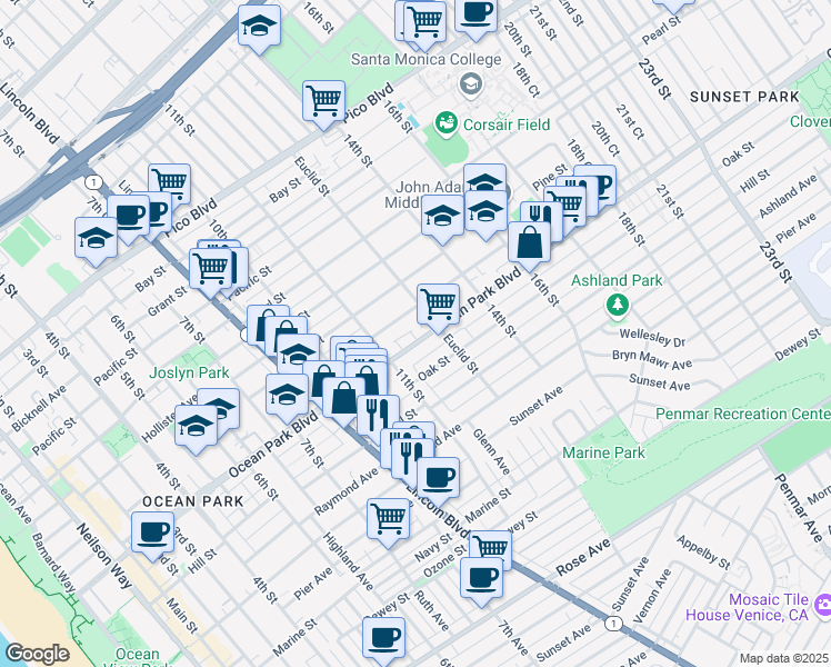 map of restaurants, bars, coffee shops, grocery stores, and more near 1207 Ocean Park Boulevard in Santa Monica