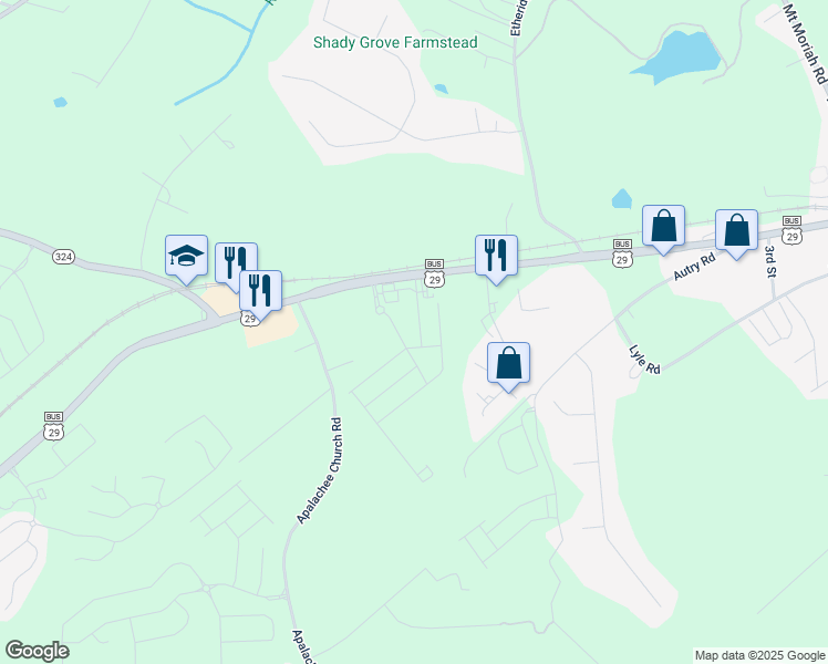 map of restaurants, bars, coffee shops, grocery stores, and more near 1585 Auburn Park Court in Auburn