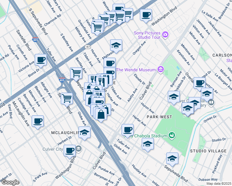 map of restaurants, bars, coffee shops, grocery stores, and more near 4052 Tilden Avenue in Culver City