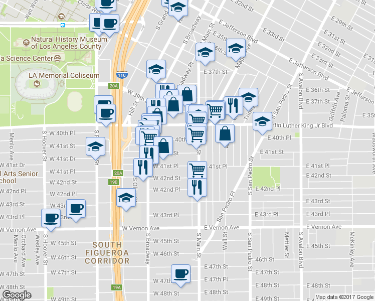 map of restaurants, bars, coffee shops, grocery stores, and more near 137 West 41st Street in Los Angeles