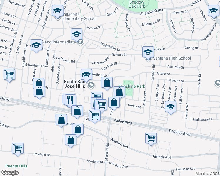 map of restaurants, bars, coffee shops, grocery stores, and more near 467 Yorbita Road in La Puente