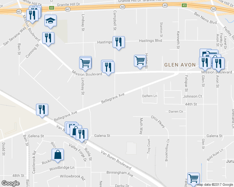 map of restaurants, bars, coffee shops, grocery stores, and more near 4322 Campbell Street in Riverside