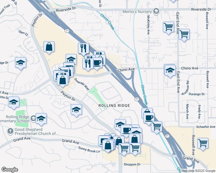 map of restaurants, bars, coffee shops, grocery stores, and more near 3212 Mitchell Drive in Chino Hills