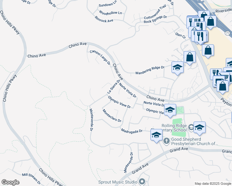 map of restaurants, bars, coffee shops, grocery stores, and more near 13470 Palamos Place in Chino Hills