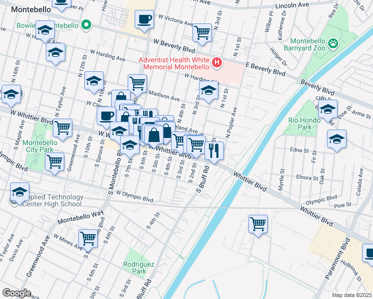 map of restaurants, bars, coffee shops, grocery stores, and more near 310 West Whittier Boulevard in Montebello