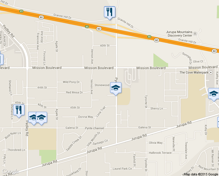 map of restaurants, bars, coffee shops, grocery stores, and more near 8250 Stonewood Lane in Riverside