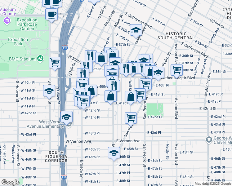map of restaurants, bars, coffee shops, grocery stores, and more near 4076 South Main Street in Los Angeles