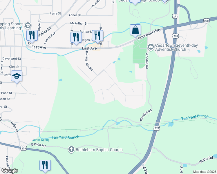 map of restaurants, bars, coffee shops, grocery stores, and more near 2 Harris Circle in Cedartown