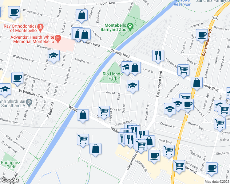 map of restaurants, bars, coffee shops, grocery stores, and more near 8407 Edna Street in Pico Rivera