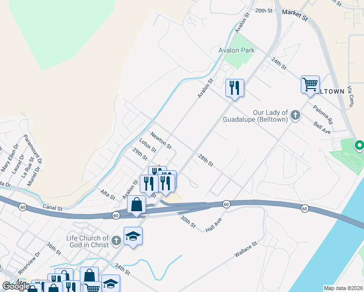 map of restaurants, bars, coffee shops, grocery stores, and more near 5648 28th Street in Riverside