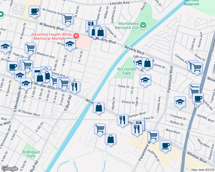 map of restaurants, bars, coffee shops, grocery stores, and more near 8231 Edna Street in Pico Rivera