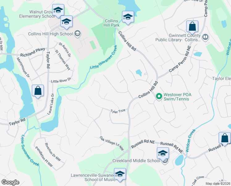 map of restaurants, bars, coffee shops, grocery stores, and more near 2048 Wildcat Cliffs Lane in Lawrenceville
