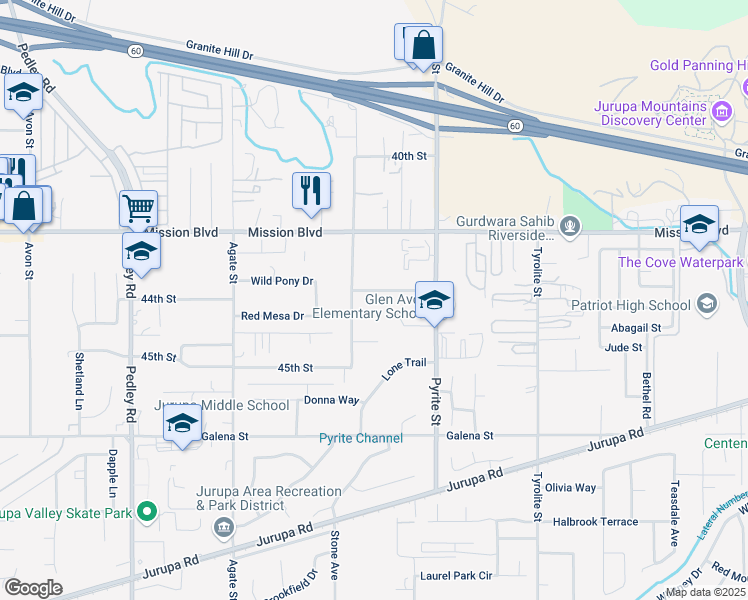 map of restaurants, bars, coffee shops, grocery stores, and more near 8322 Stonewood Lane in Riverside