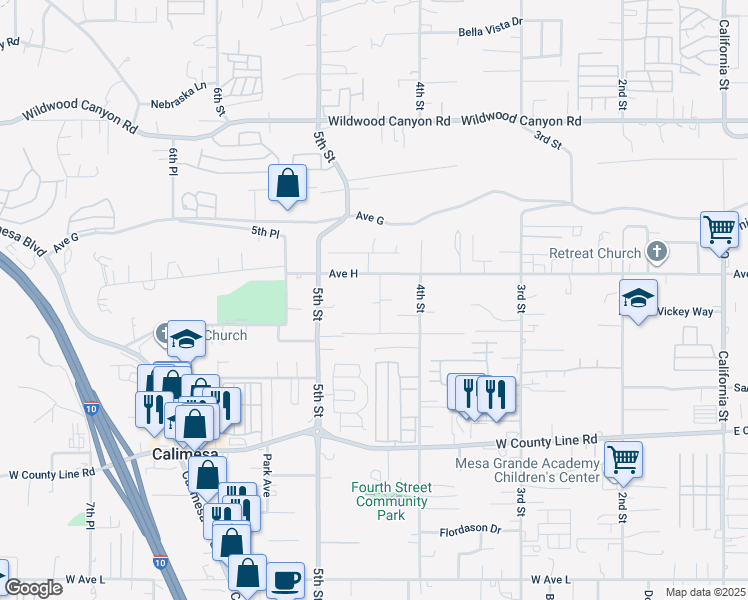 map of restaurants, bars, coffee shops, grocery stores, and more near 13412 Limestone Drive in Yucaipa